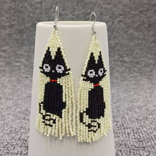 Black Cat Seed Beads Fringe Earrings
