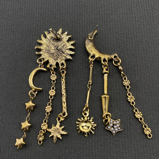 Star Fringe Asymmetric Sun Moon Earrings