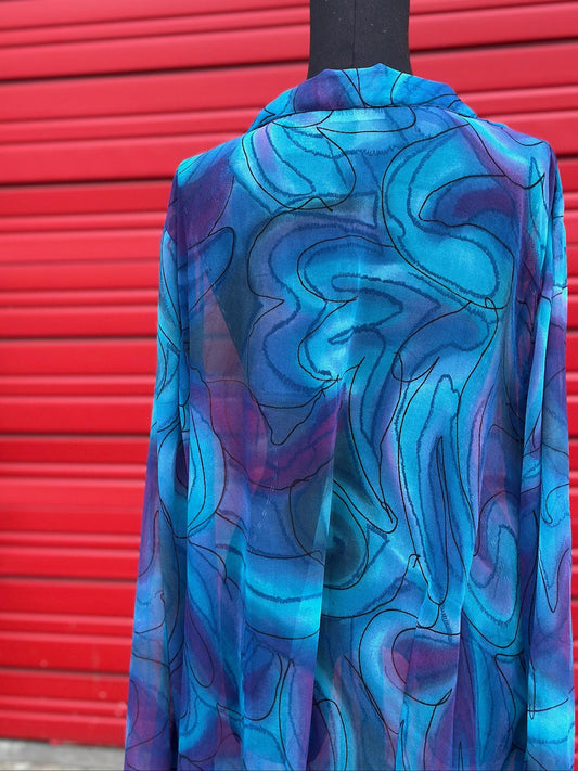 Vintage 1990s Mlle Gabrielle Sheer Maxi Button-Down Duster – Teal & Purple | Size 2XL