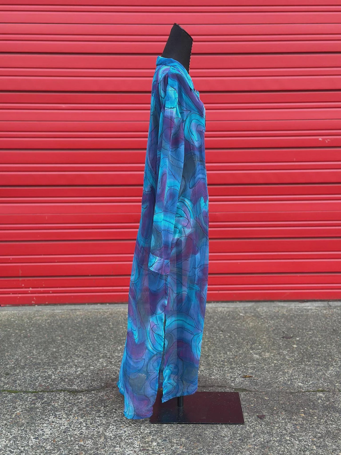 Vintage 1990s Mlle Gabrielle Sheer Maxi Button-Down Duster – Teal & Purple | Size 2XL