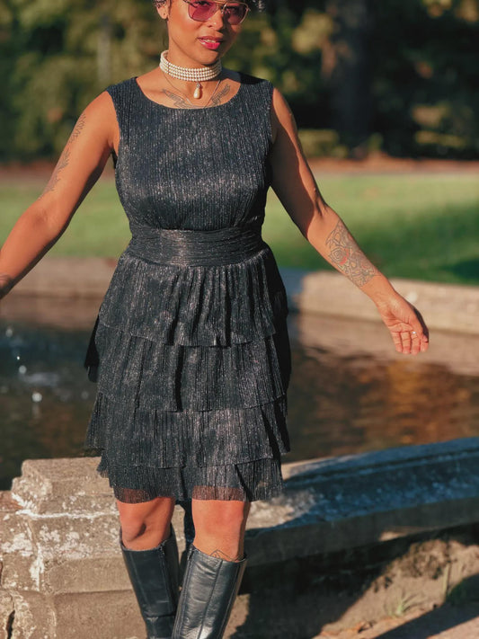 Vintage Shimmer Party Dress - Metallic Black/Silver