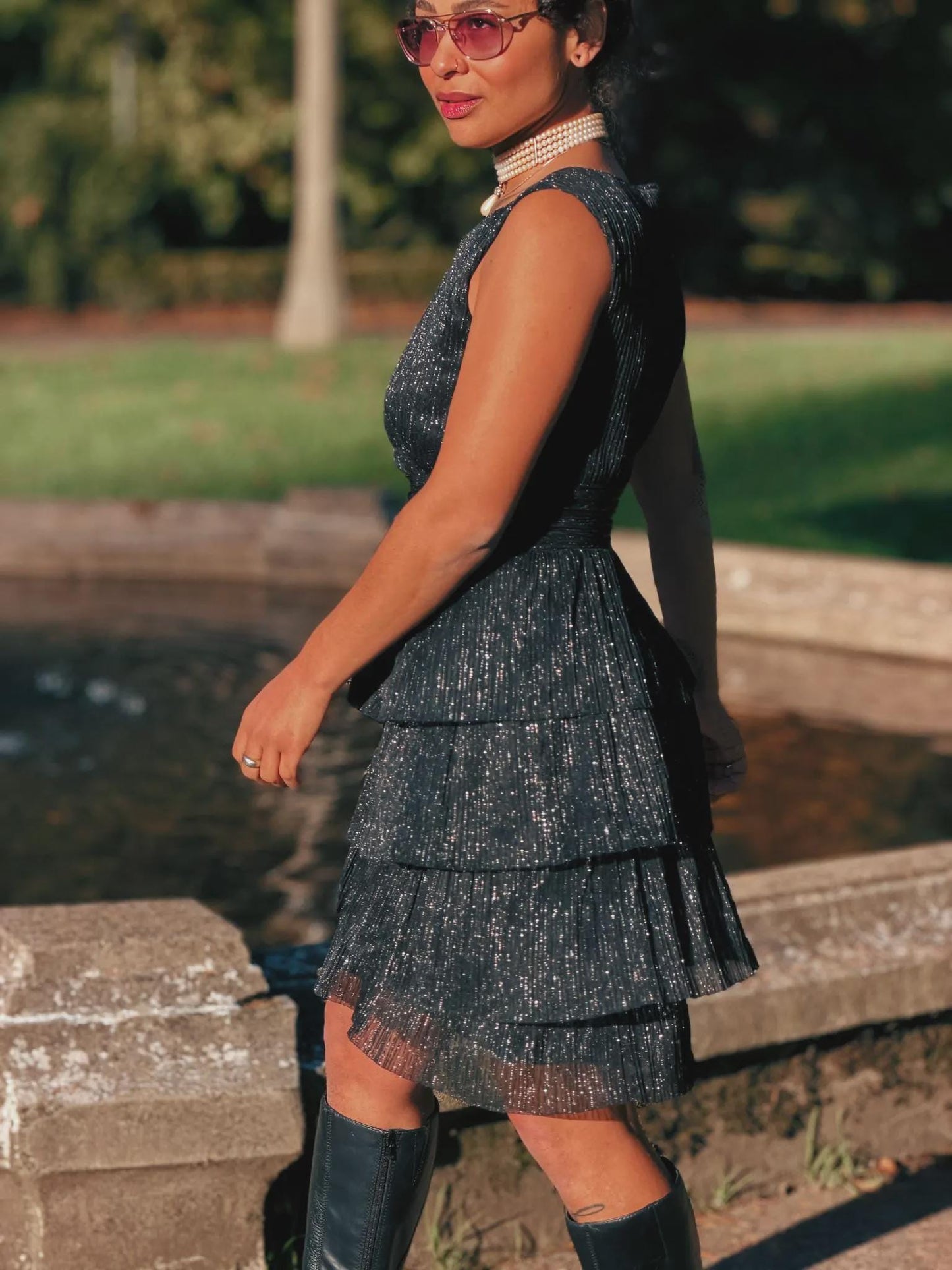 Vintage Shimmer Party Dress - Metallic Black/Silver