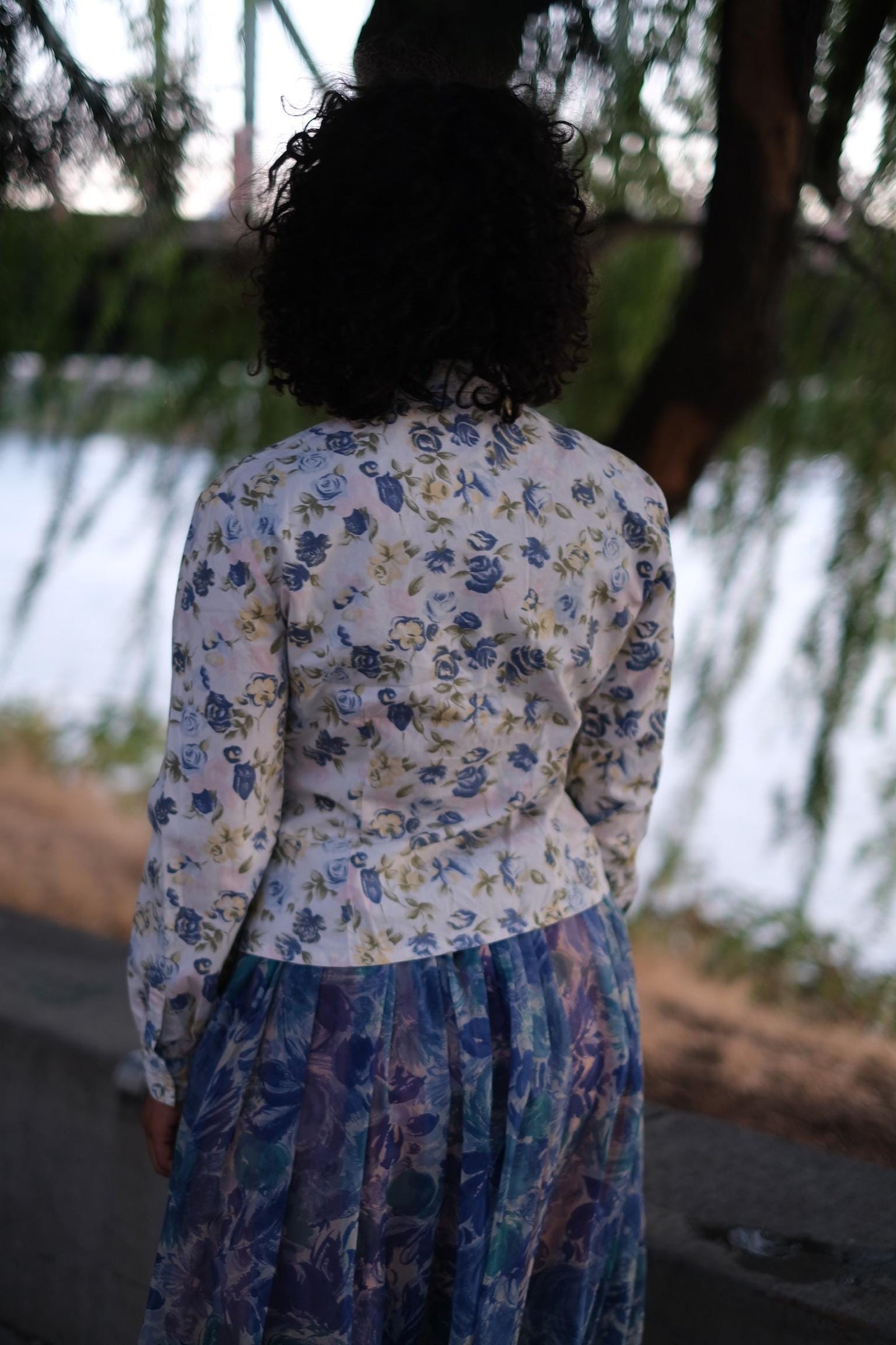 1990s Espirit Blue and Green Floral Button Down Top