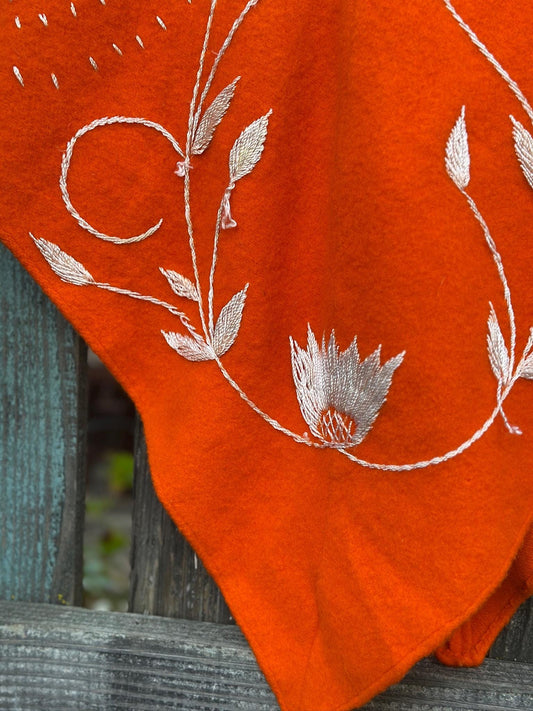 Vintage Hand-Embroidered Orange Poncho with Floral Motif