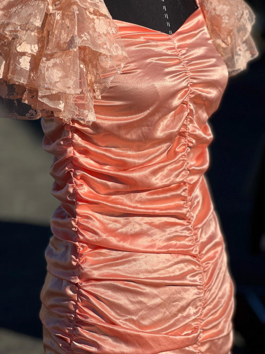 Incredible 1980's Handmade Salmon Pink Lace Ruched Party Dress
