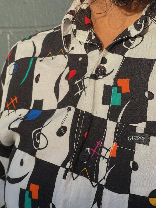 1990's Guess Checkered Button-Down Abstract Short-Sleeve Shirt