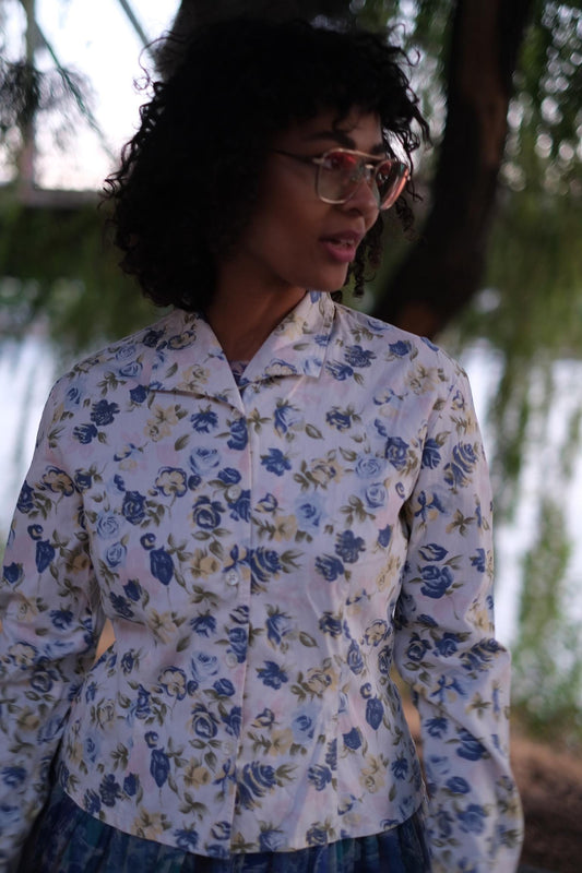 1990s Espirit Blue and Green Floral Button Down Top