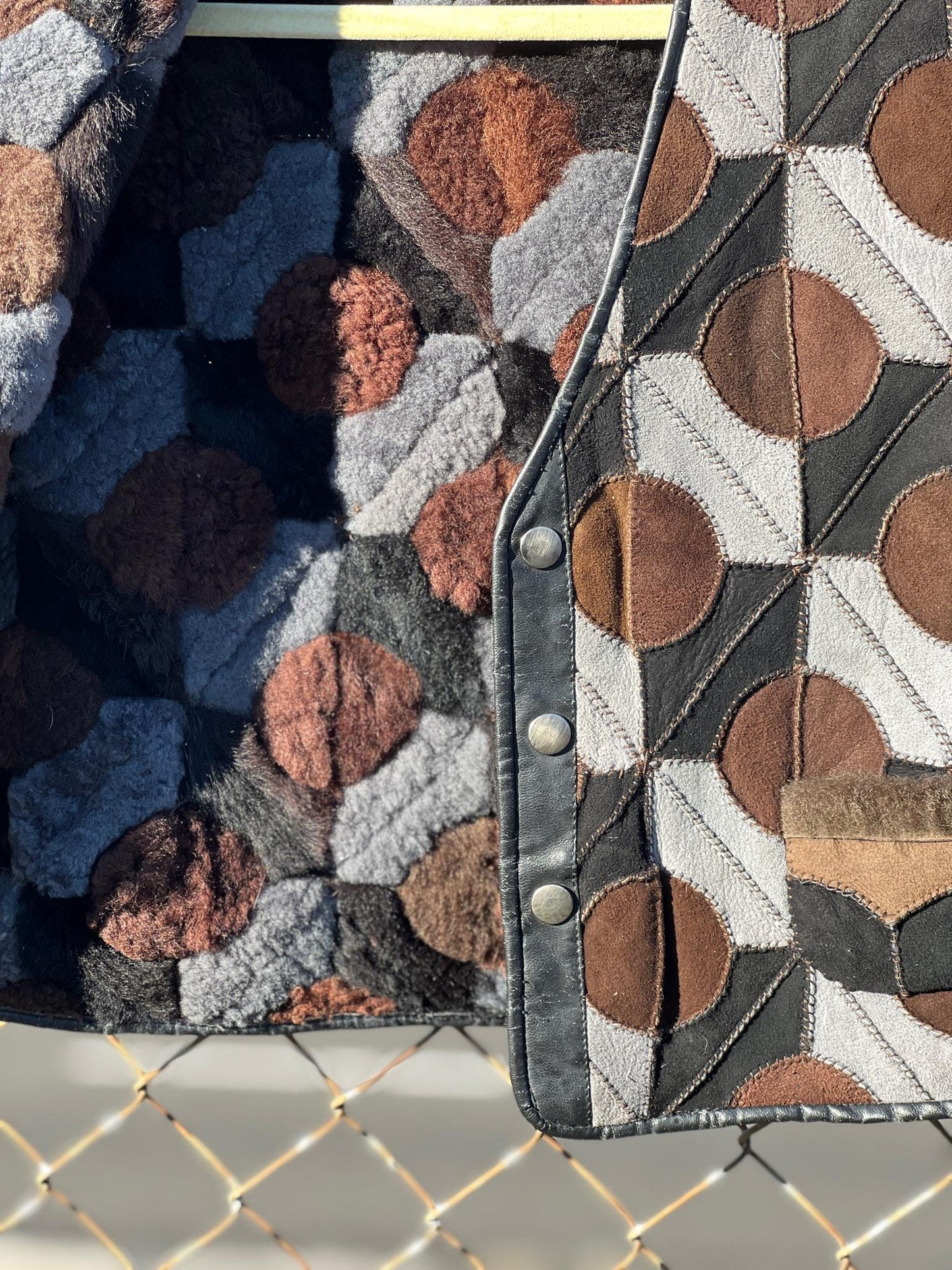 1970s Suede Patchwork Geometric Circles Shearling Vest