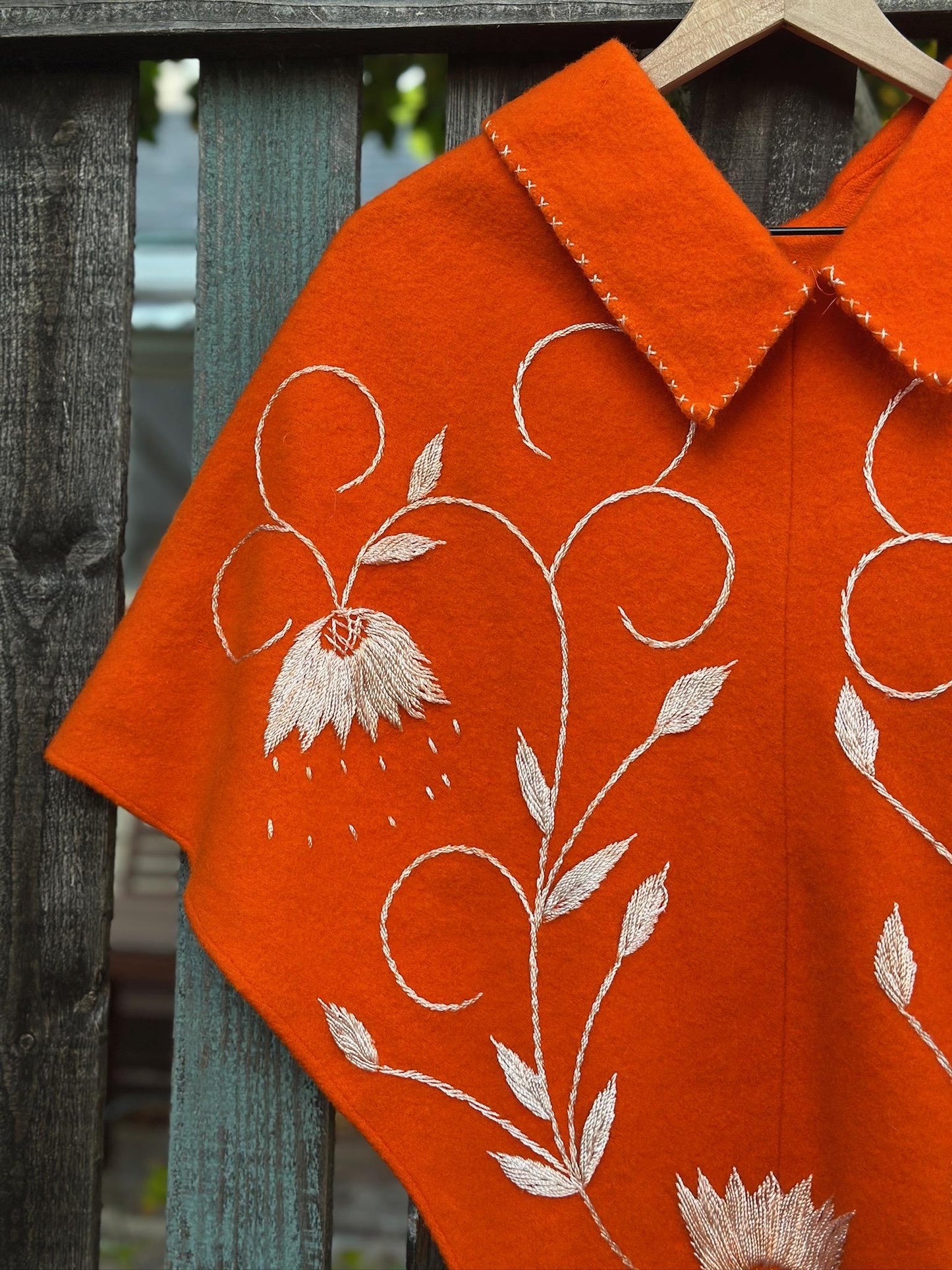 Vintage Hand-Embroidered Orange Poncho with Floral Motif