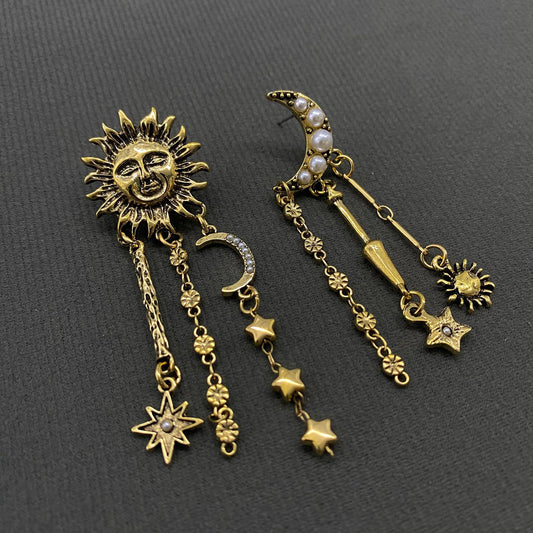 Star Fringe Asymmetric Sun Moon Earrings