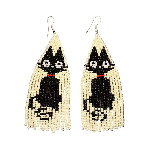 Black Cat Seed Beads Fringe Earrings