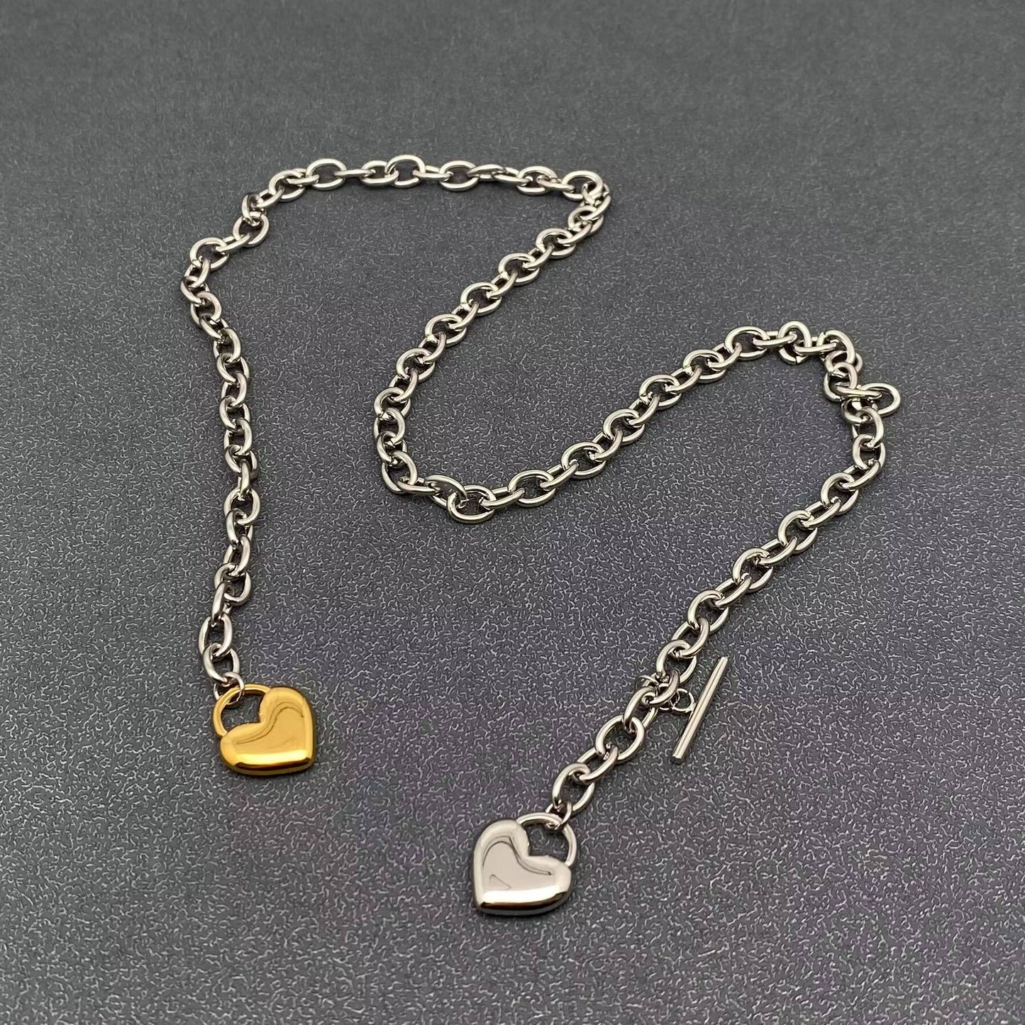 18K Golden SS Two Tone Heart Charm Y-neck Chain Necklace-FGS