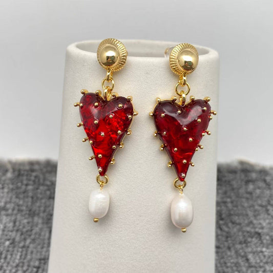 Pearl Strawberry Heart Charm Earrings