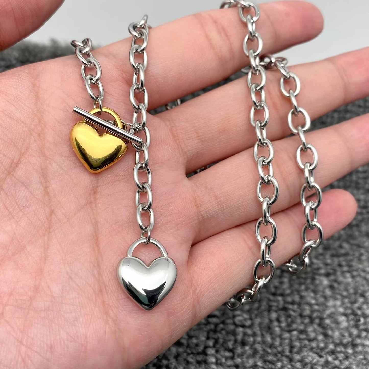 18K Golden SS Two Tone Heart Charm Y-neck Chain Necklace-FGS