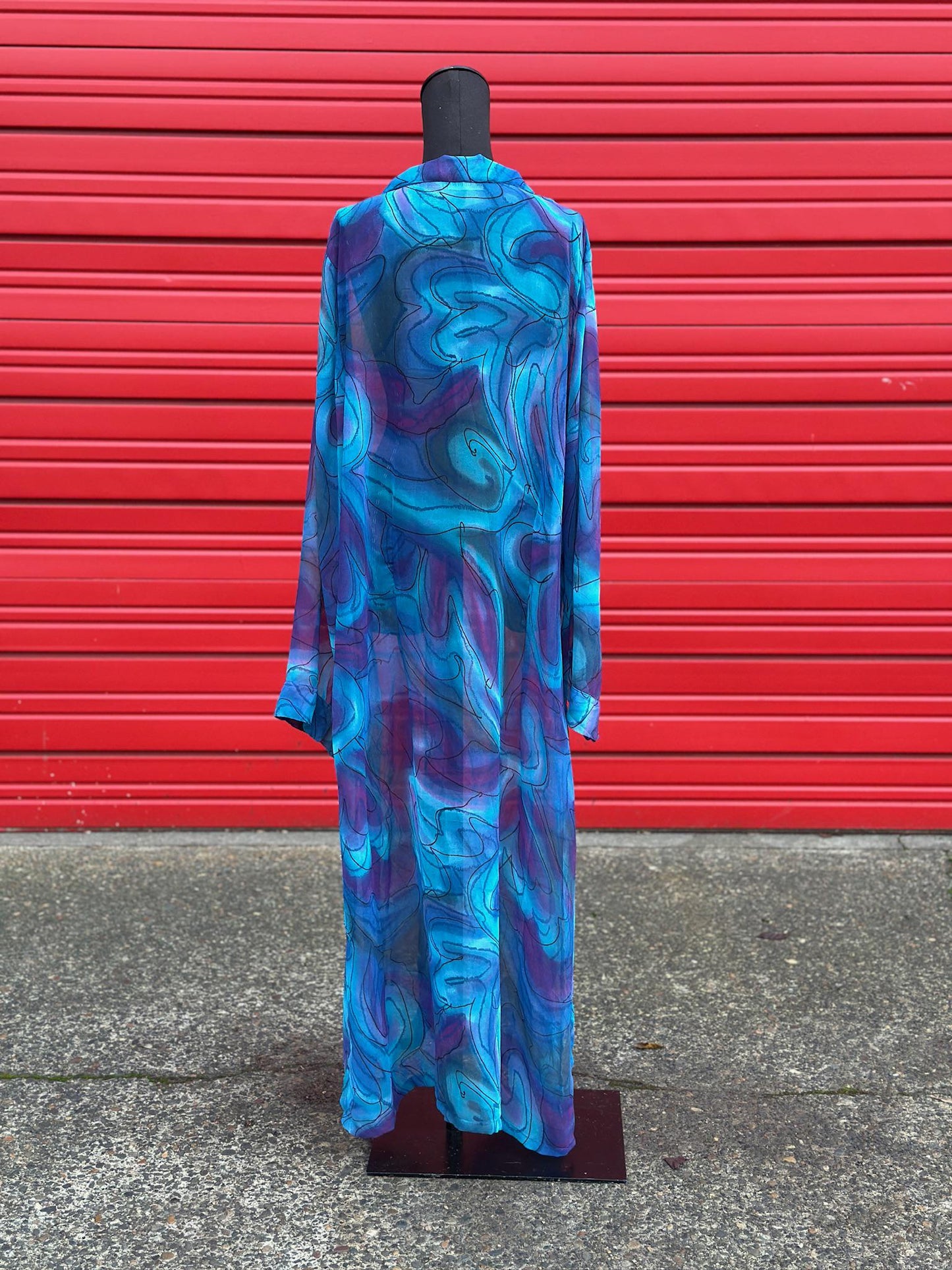 Vintage 1990s Mlle Gabrielle Sheer Maxi Button-Down Duster – Teal & Purple | Size 2XL