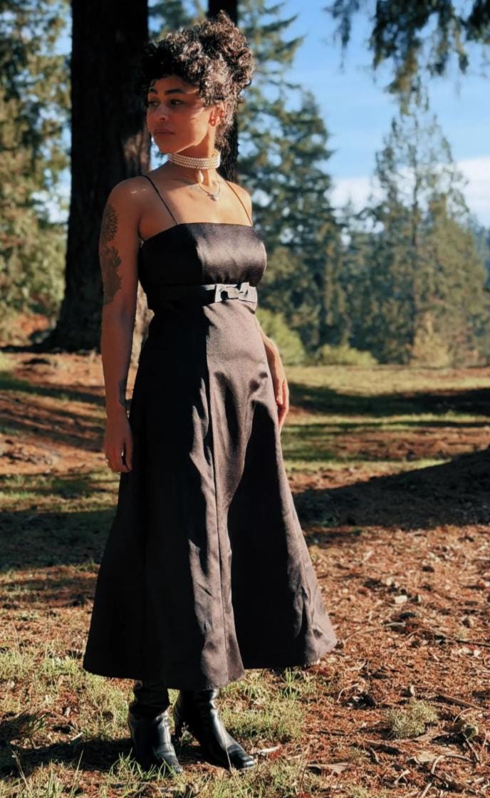 1990's Vintage David’s Bridal Black Satin Midi Dress
