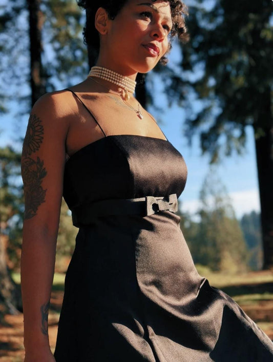 1990's Vintage David’s Bridal Black Satin Midi Dress