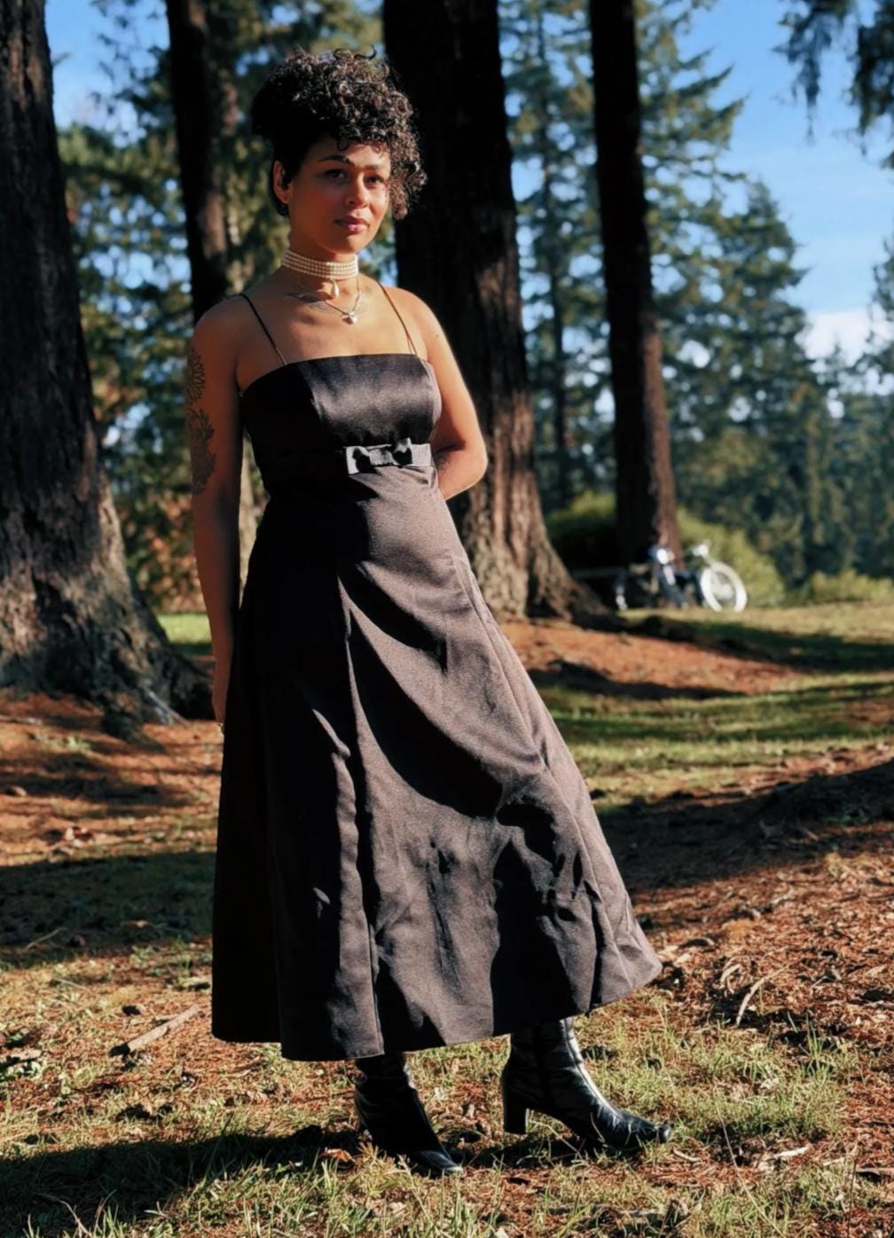 1990's Vintage David’s Bridal Black Satin Midi Dress