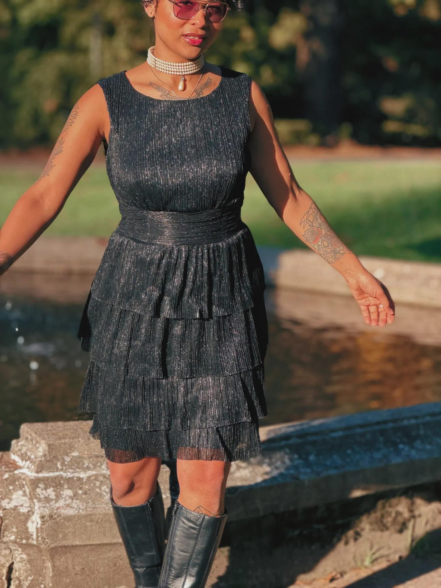 Vintage Shimmer Party Dress - Metallic Black/Silver