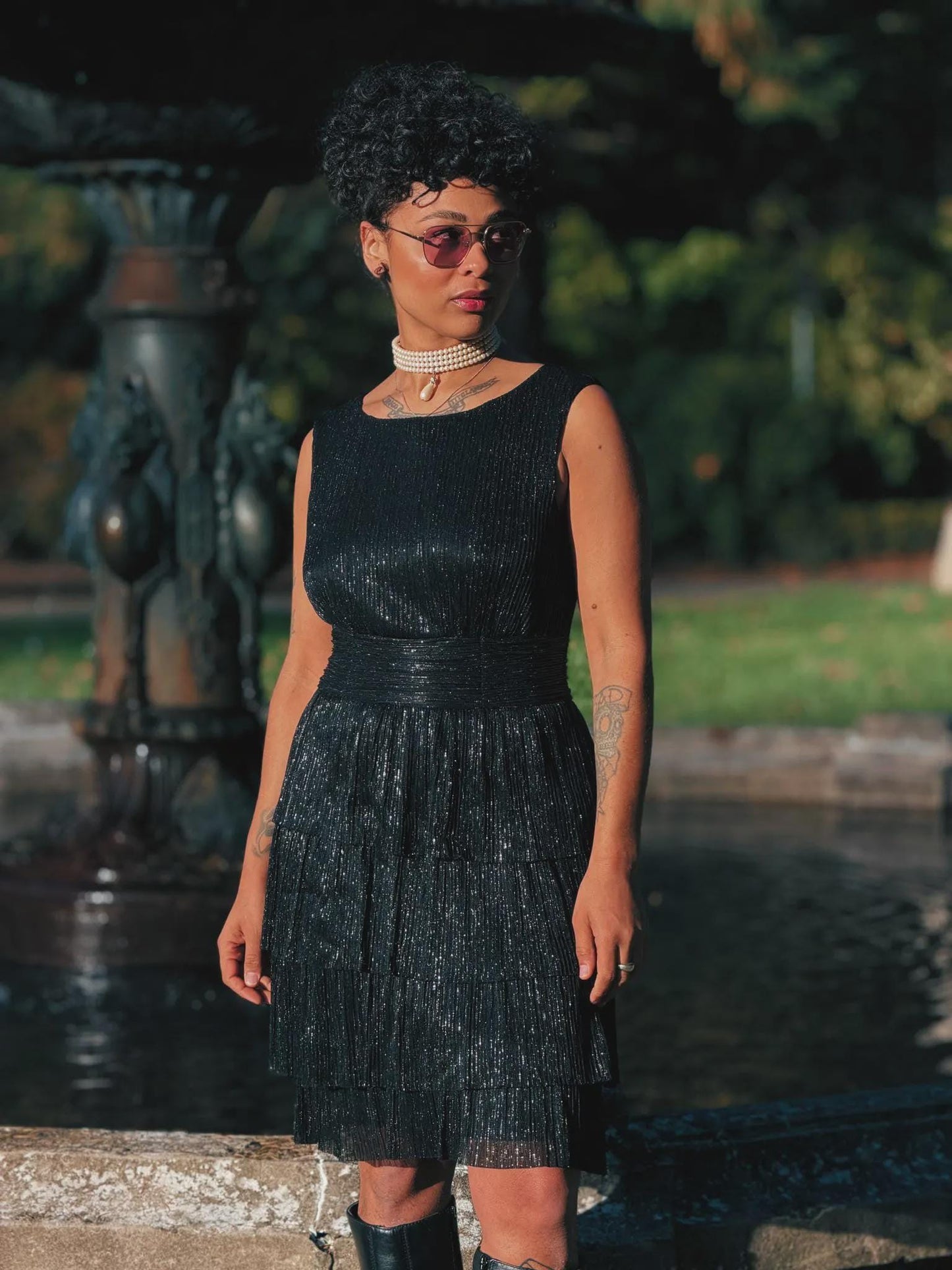 Vintage Shimmer Party Dress - Metallic Black/Silver