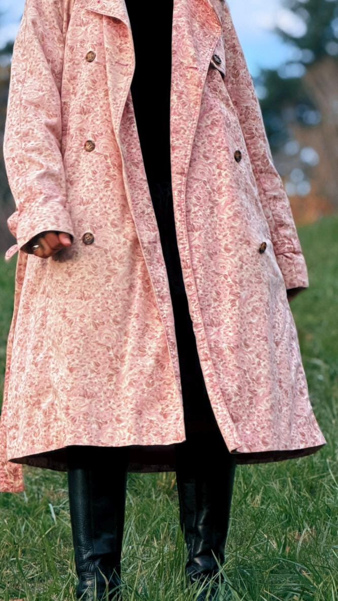 Vintage Pink Floral London Fog Double-Breasted Trench Coat
