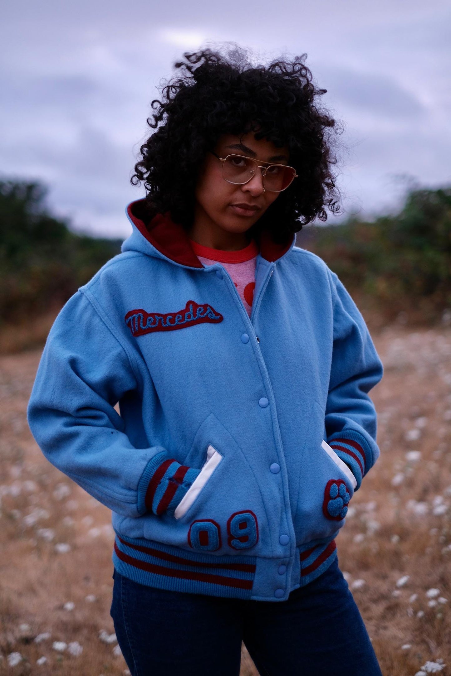2000s Varsity Jacket | Light Blue Wool Bomber with Maroon “Mercedes King” Lettering