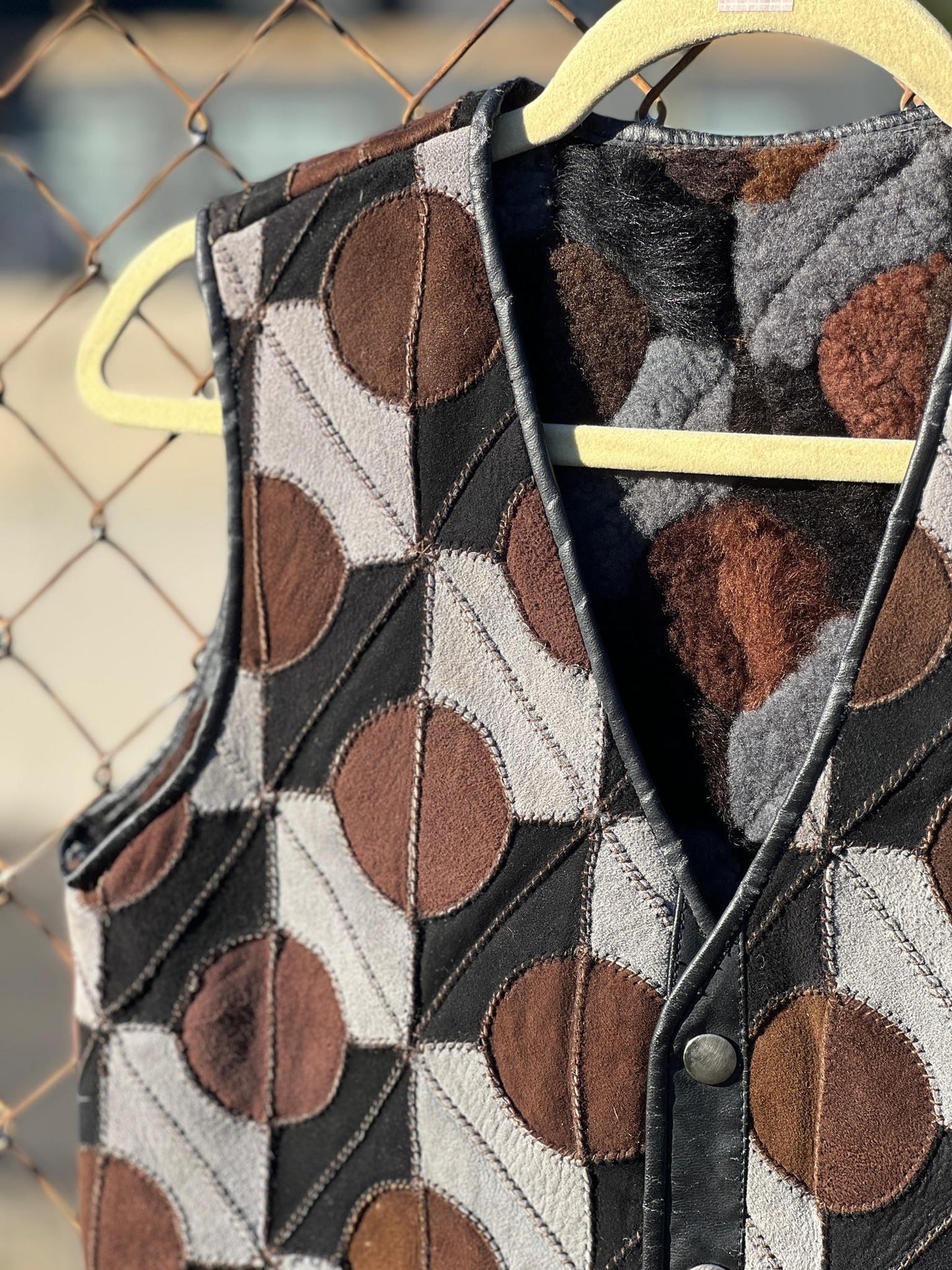 1970s Suede Patchwork Geometric Circles Shearling Vest