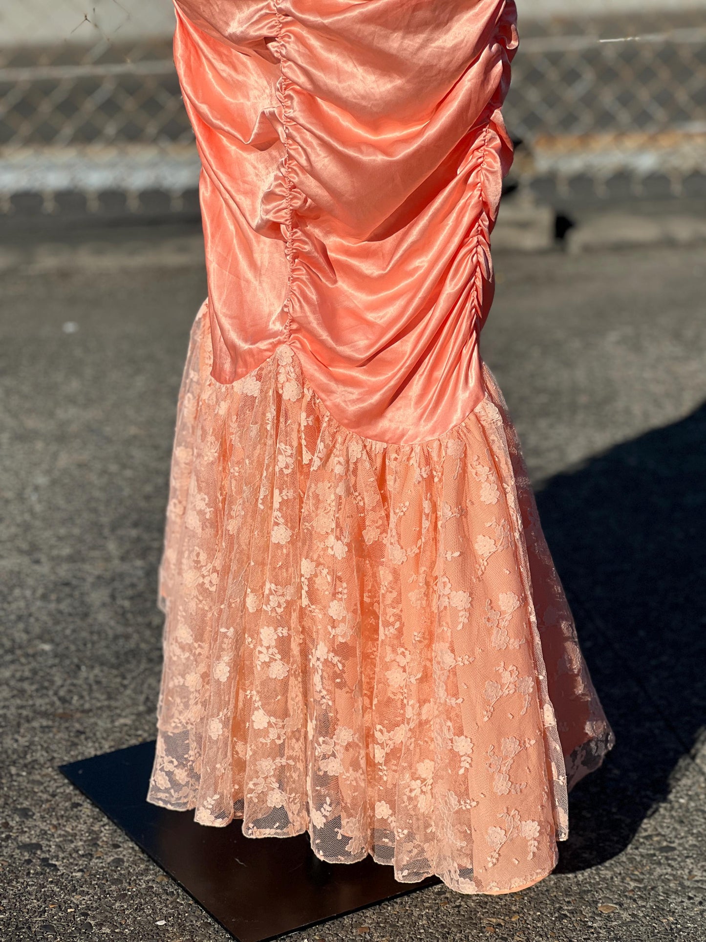 Incredible 1980's Handmade Salmon Pink Lace Ruched Party Dress