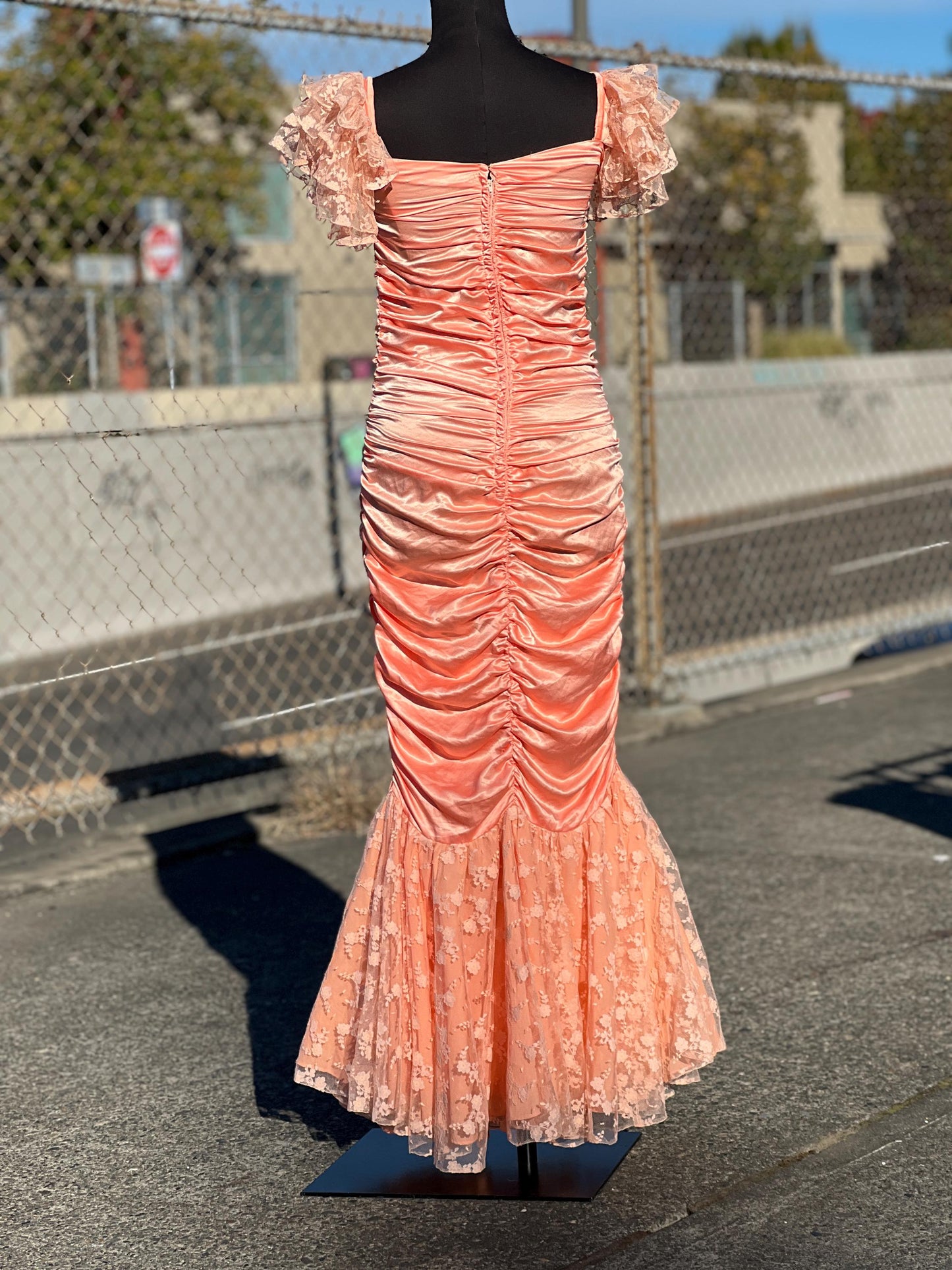 Incredible 1980's Handmade Salmon Pink Lace Ruched Party Dress