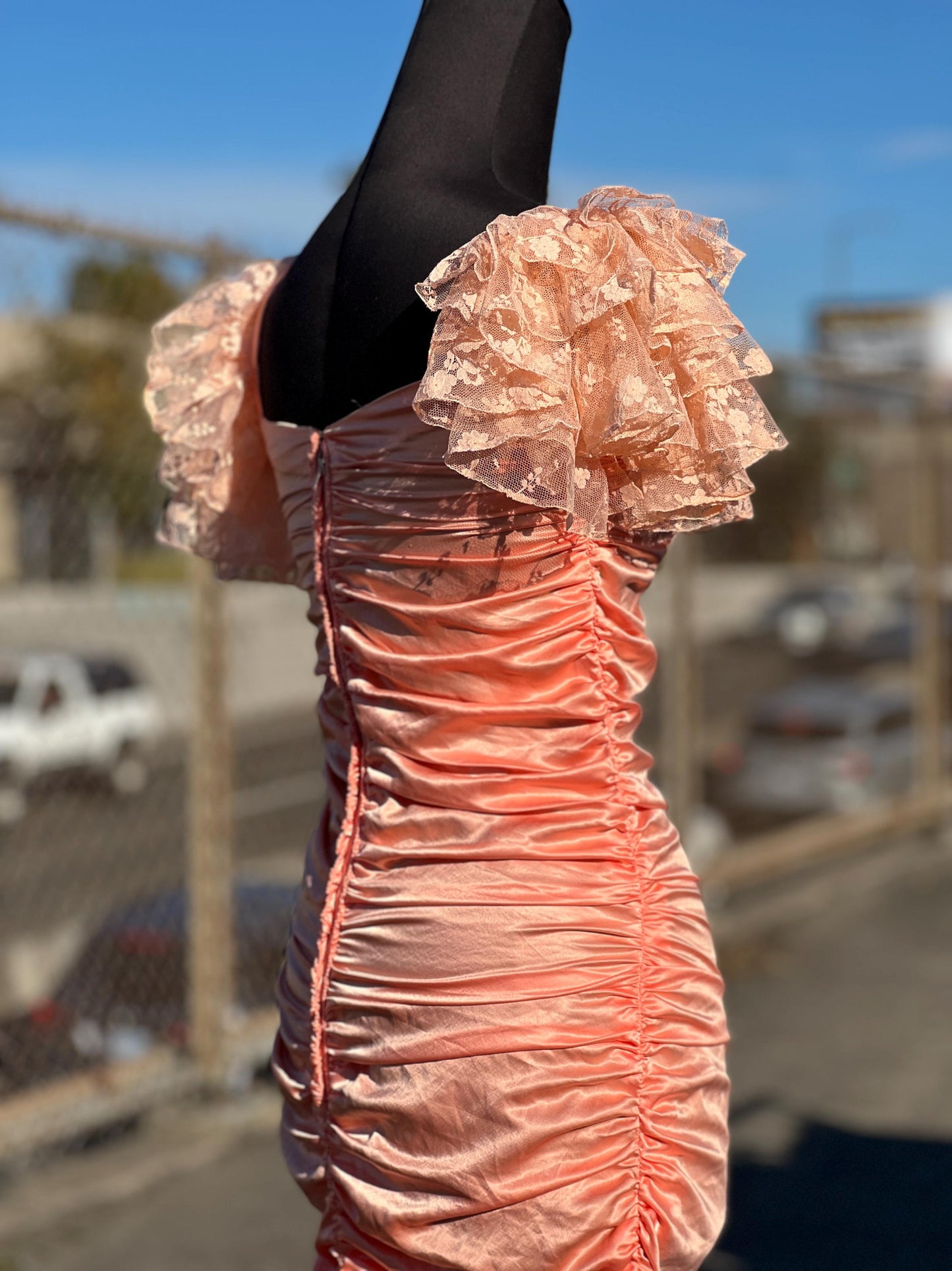 Incredible 1980's Handmade Salmon Pink Lace Ruched Party Dress