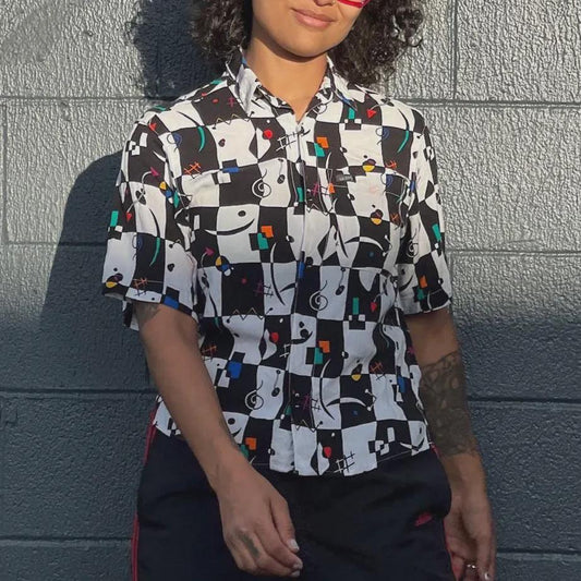 1990's Guess Checkered Button-Down Abstract Short-Sleeve Shirt