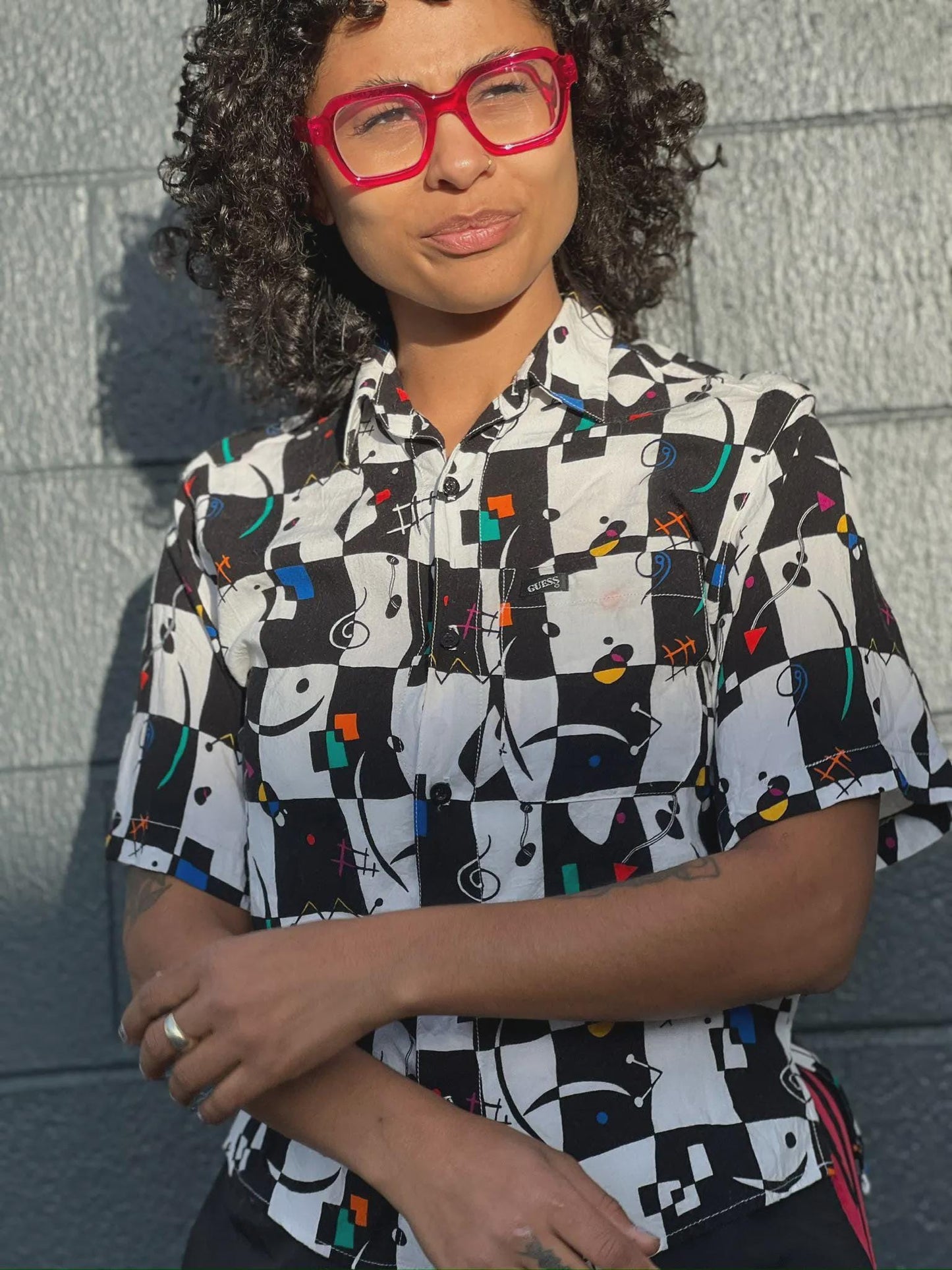 1990's Guess Checkered Button-Down Abstract Short-Sleeve Shirt