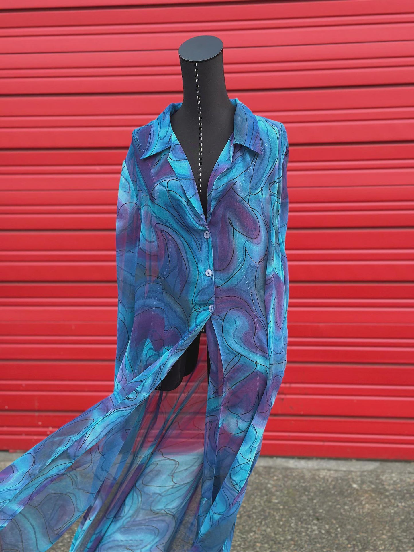 Vintage 1990s Mlle Gabrielle Sheer Maxi Button-Down Duster – Teal & Purple | Size 2XL