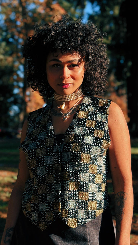 Vintage 1980's Checkered Fully Beaded Vest