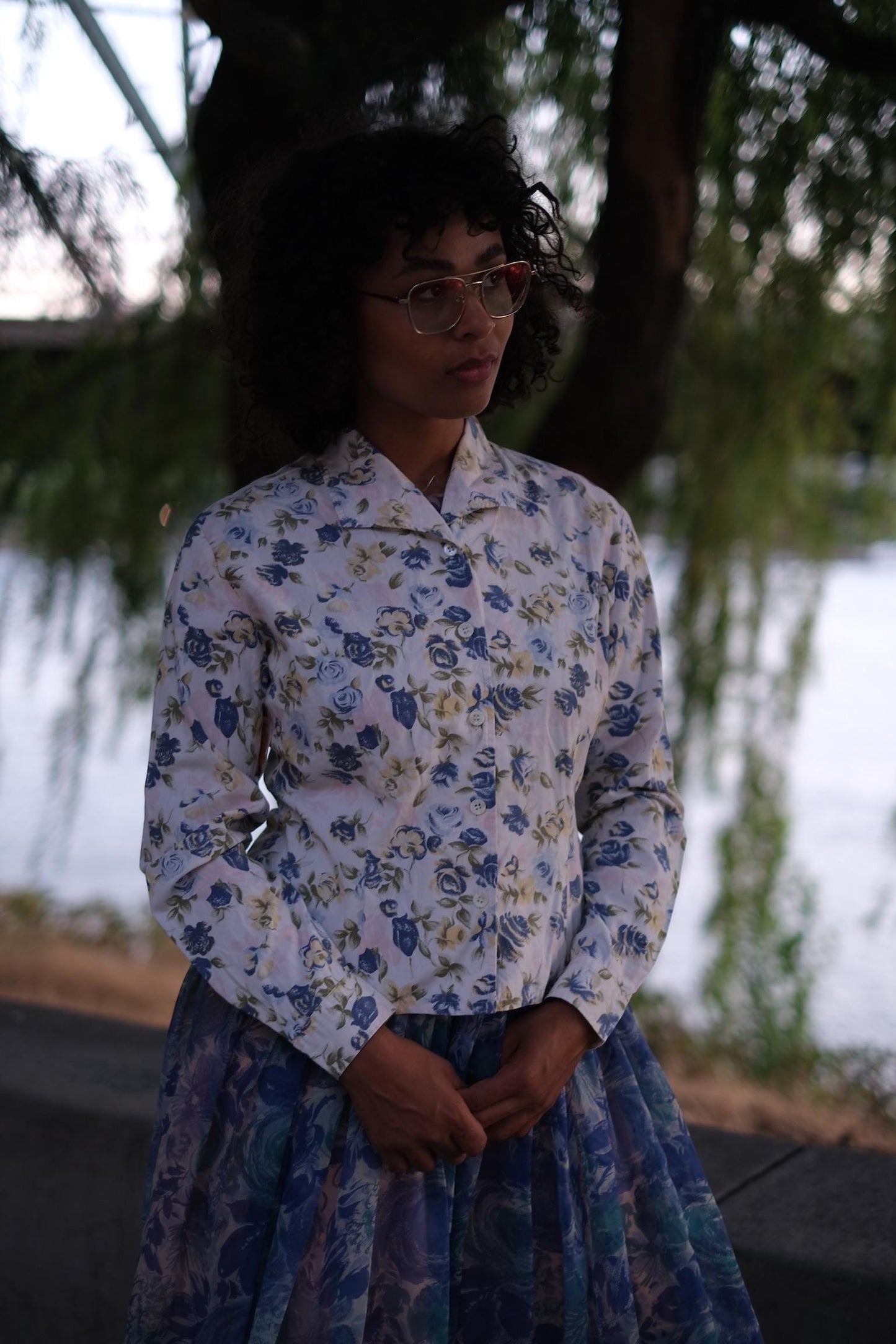 1990s Espirit Blue and Green Floral Button Down Top