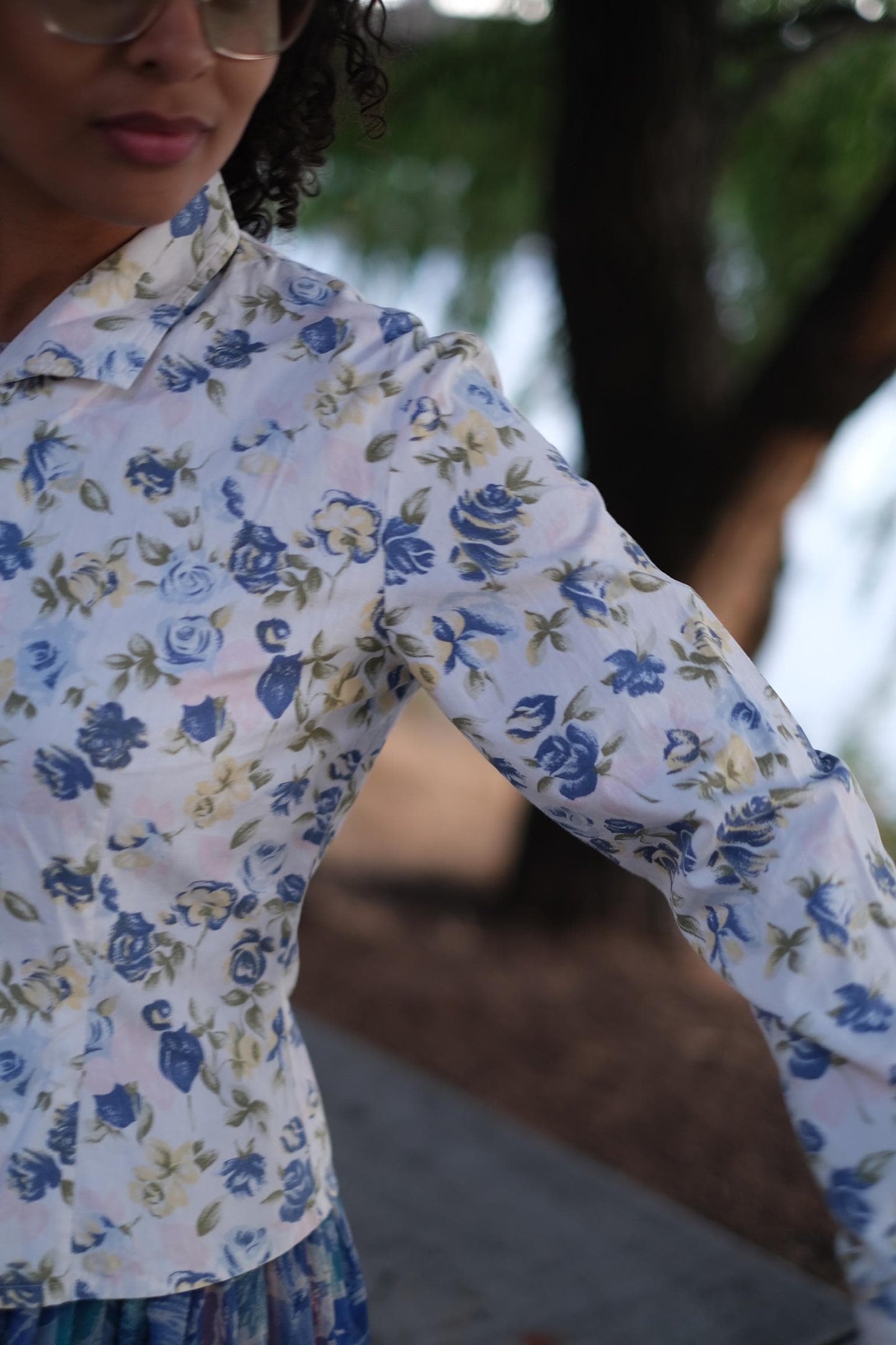 1990s Espirit Blue and Green Floral Button Down Top