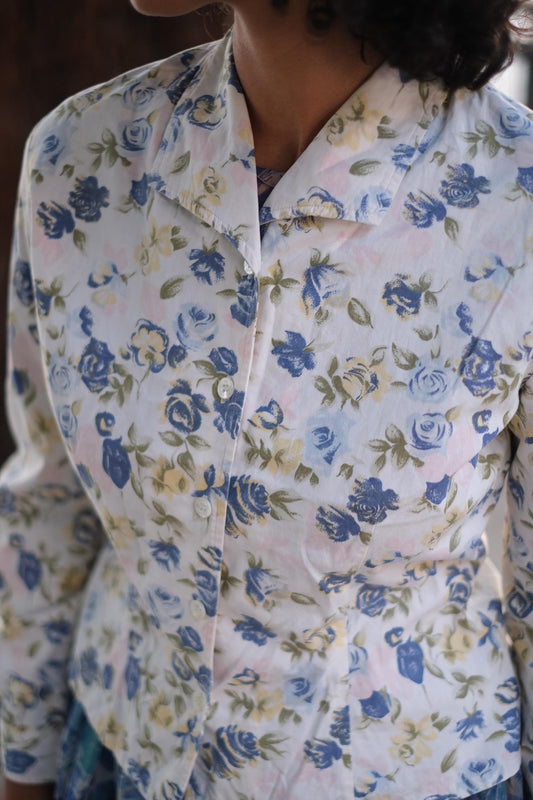 1990s Espirit Blue and Green Floral Button Down Top