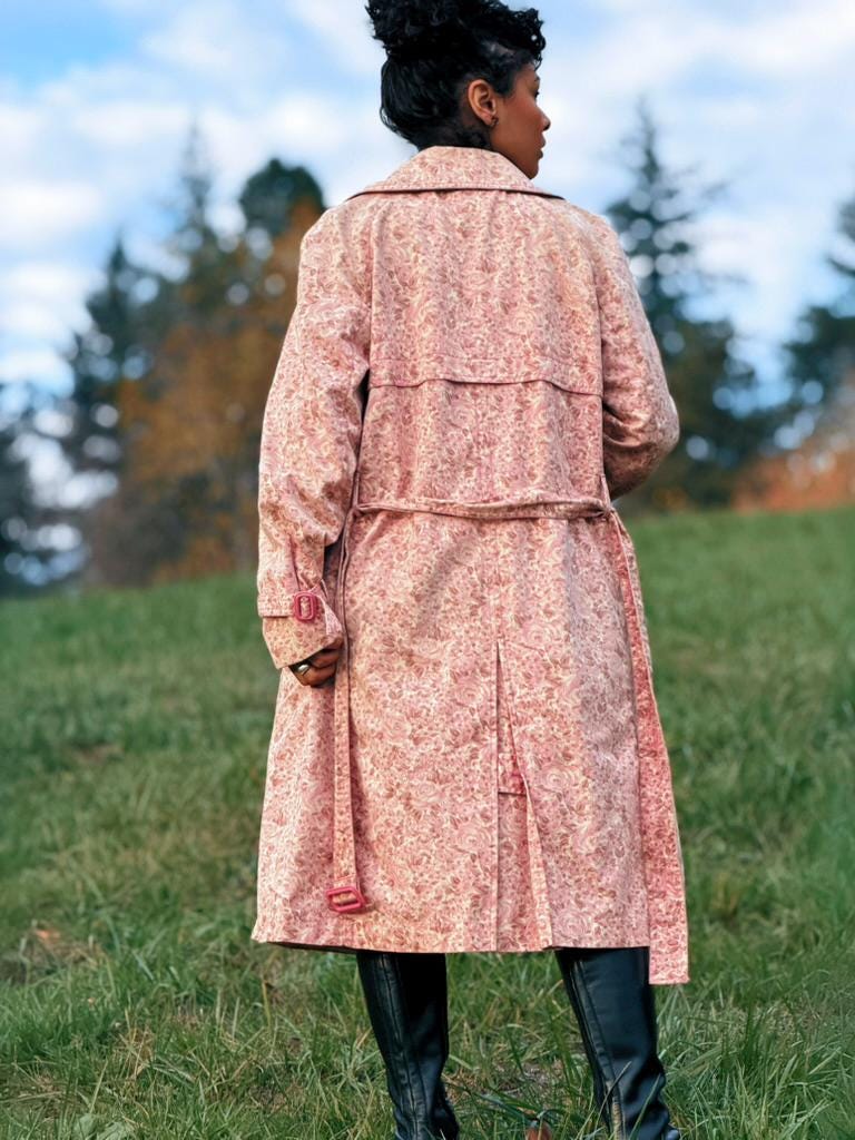Vintage Pink Floral London Fog Double-Breasted Trench Coat