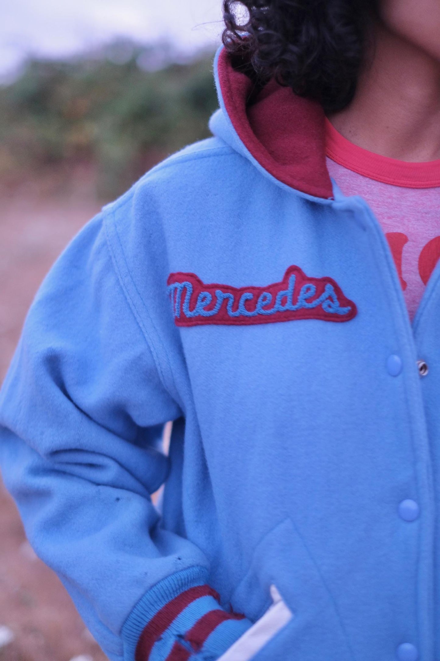 2000s Varsity Jacket | Light Blue Wool Bomber with Maroon “Mercedes King” Lettering