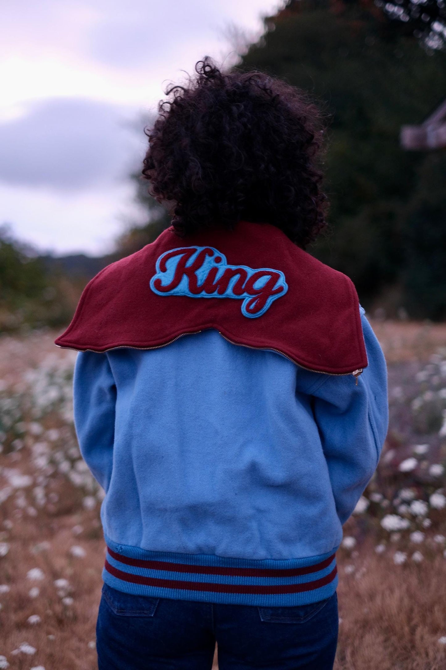 2000s Varsity Jacket | Light Blue Wool Bomber with Maroon “Mercedes King” Lettering