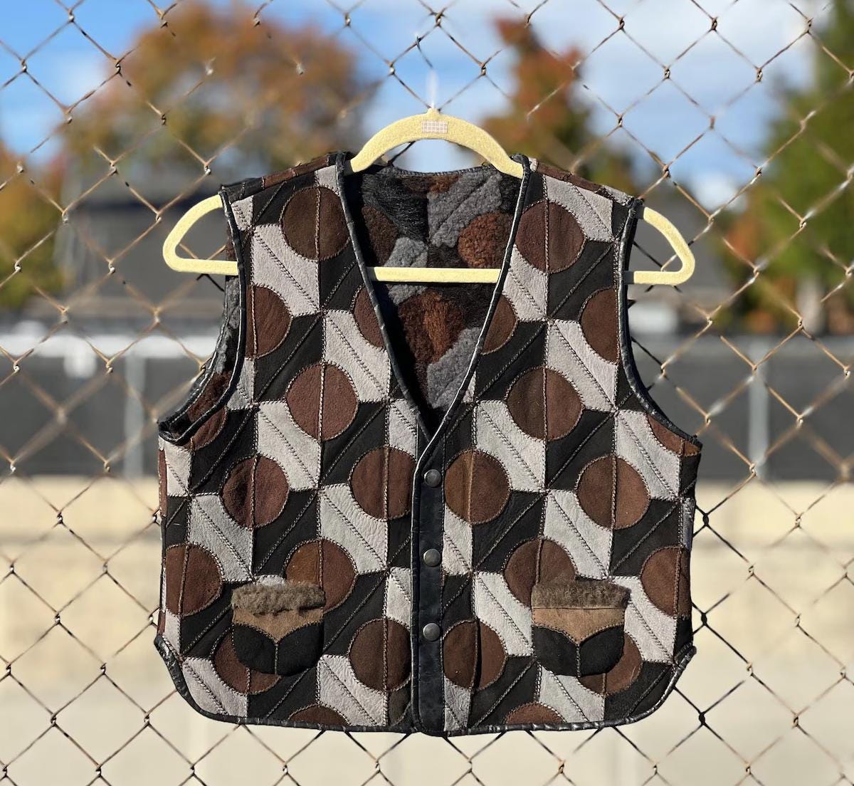 1970s Suede Patchwork Geometric Circles Shearling Vest