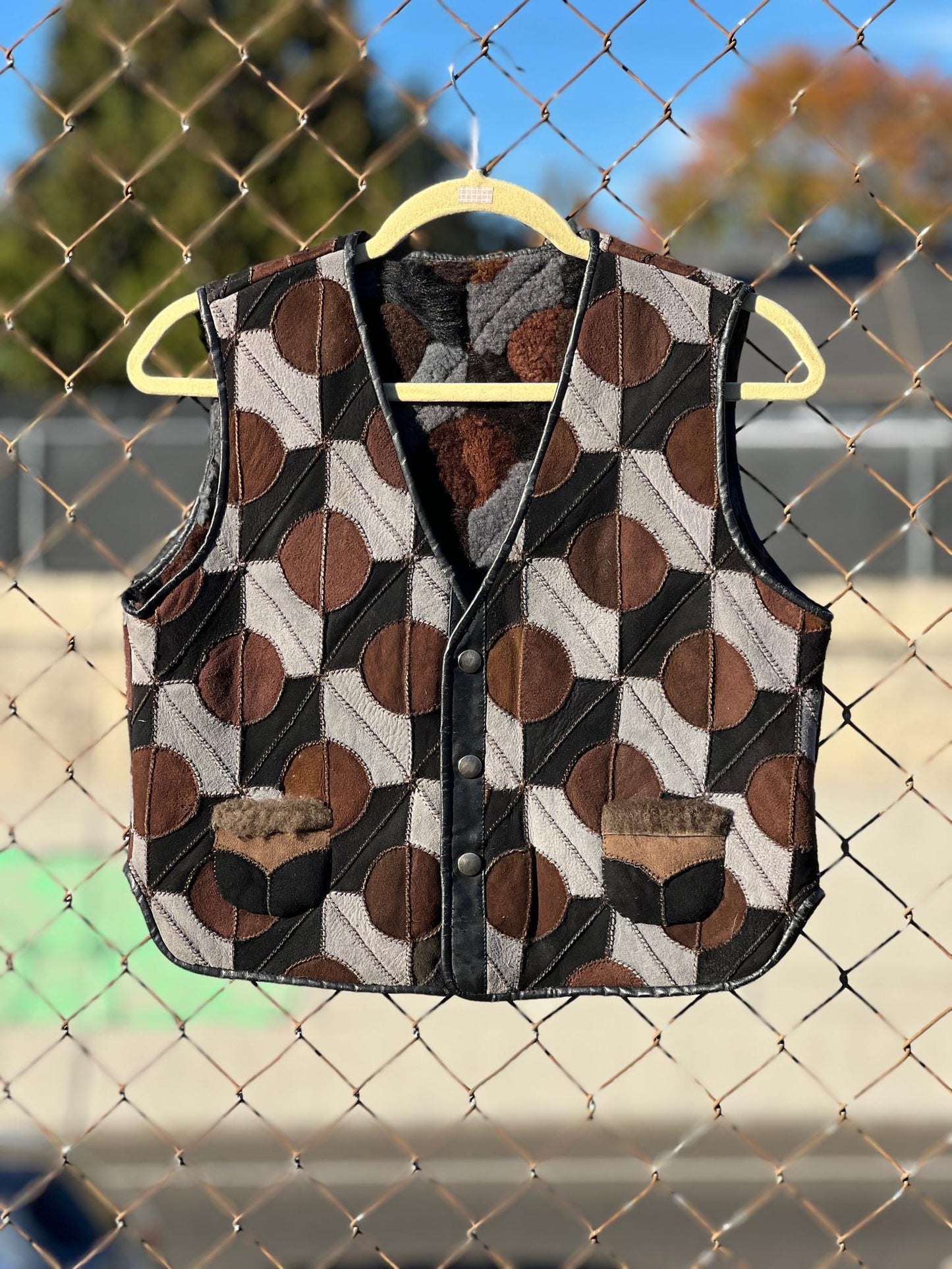 1970s Suede Patchwork Geometric Circles Shearling Vest