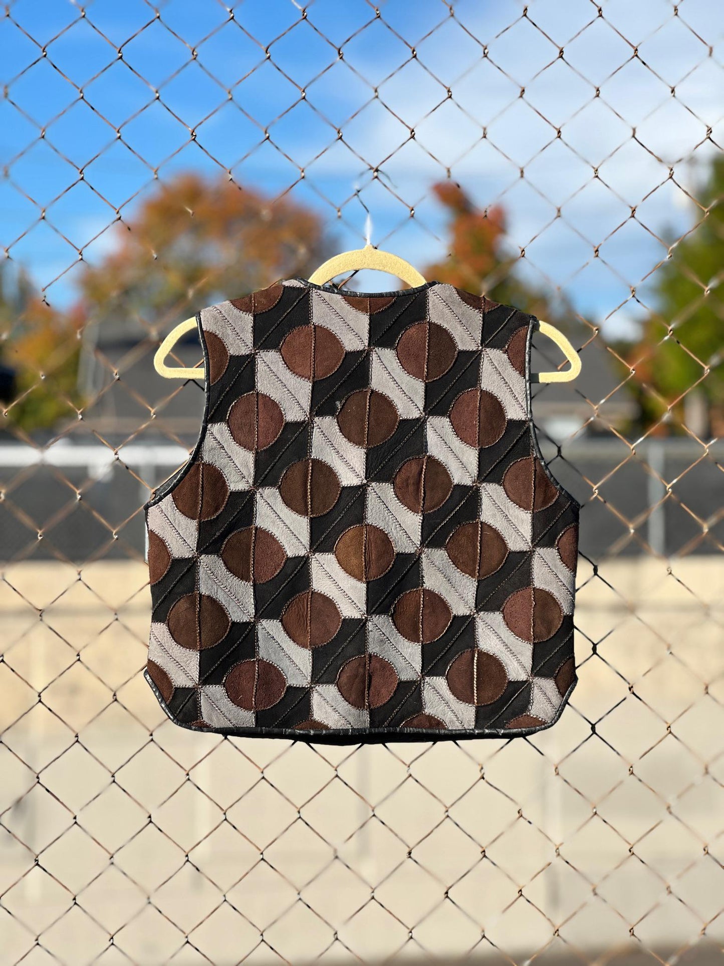 1970s Suede Patchwork Geometric Circles Shearling Vest