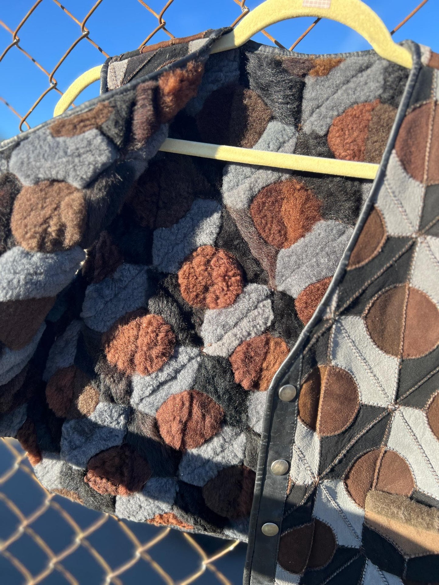 1970s Suede Patchwork Geometric Circles Shearling Vest