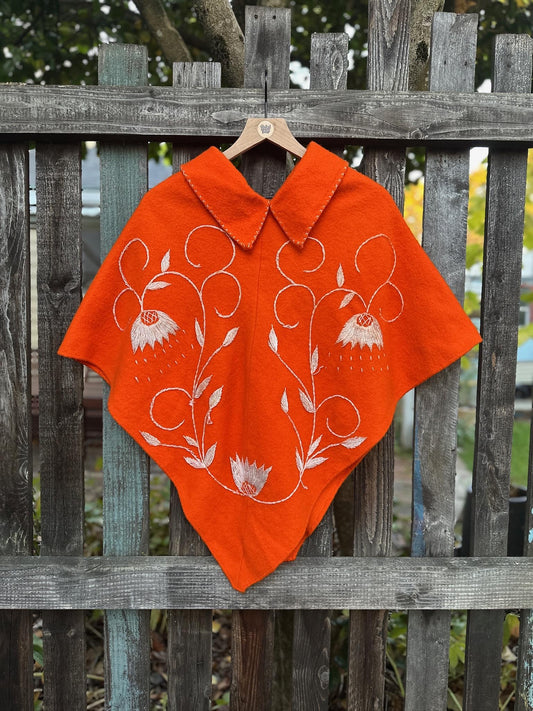 Vintage Hand-Embroidered Orange Poncho with Floral Motif