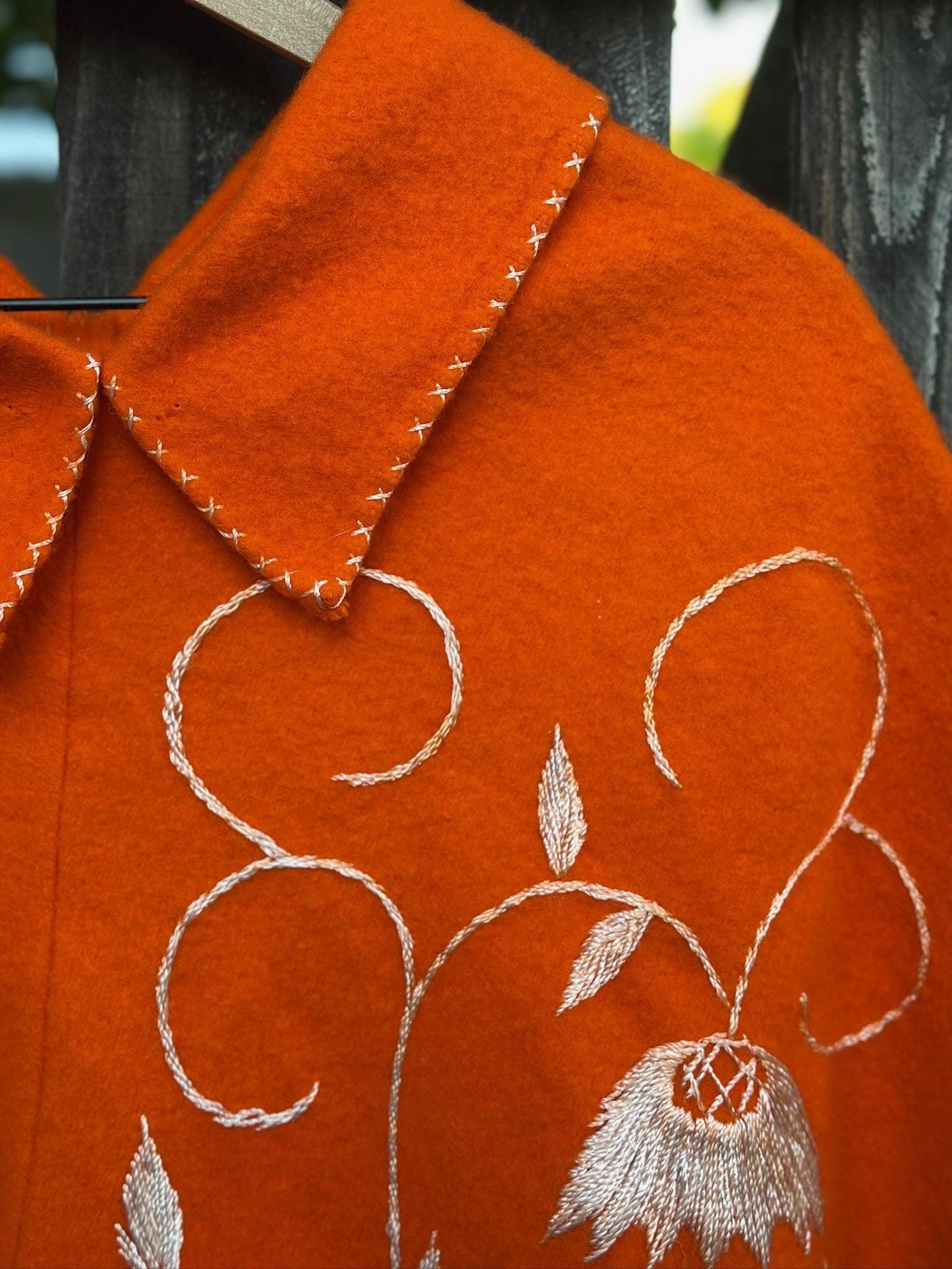 Vintage Hand-Embroidered Orange Poncho with Floral Motif