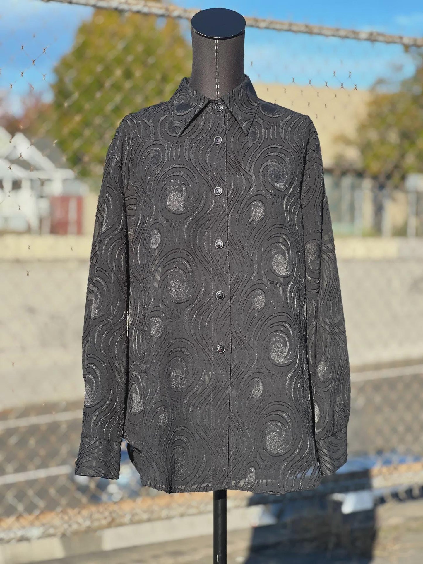 Vintage Black Sheer Swirl Button-Up Blouse by Kiss Me California