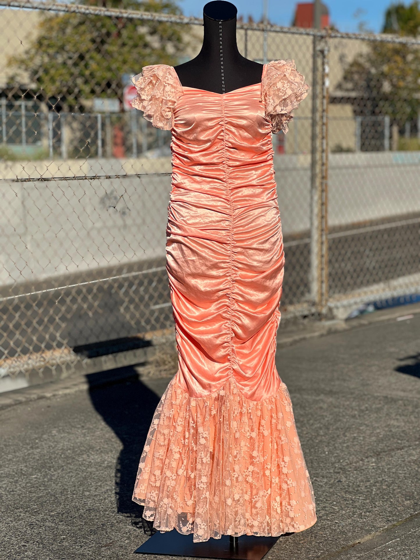 Incredible 1980's Handmade Salmon Pink Lace Ruched Party Dress