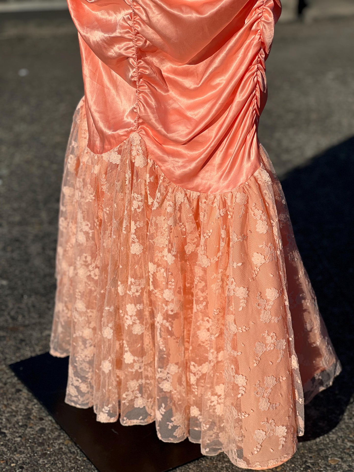 Incredible 1980's Handmade Salmon Pink Lace Ruched Party Dress