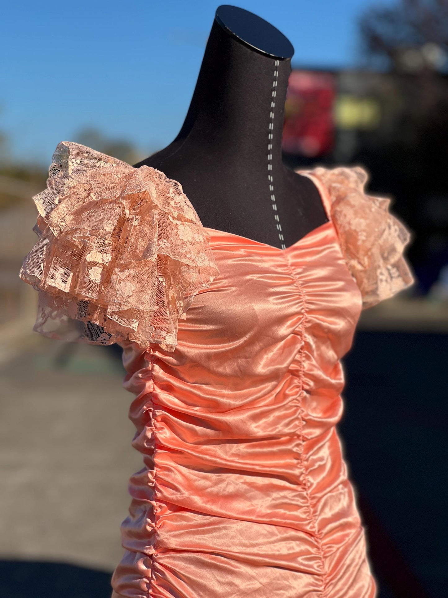 Incredible 1980's Handmade Salmon Pink Lace Ruched Party Dress